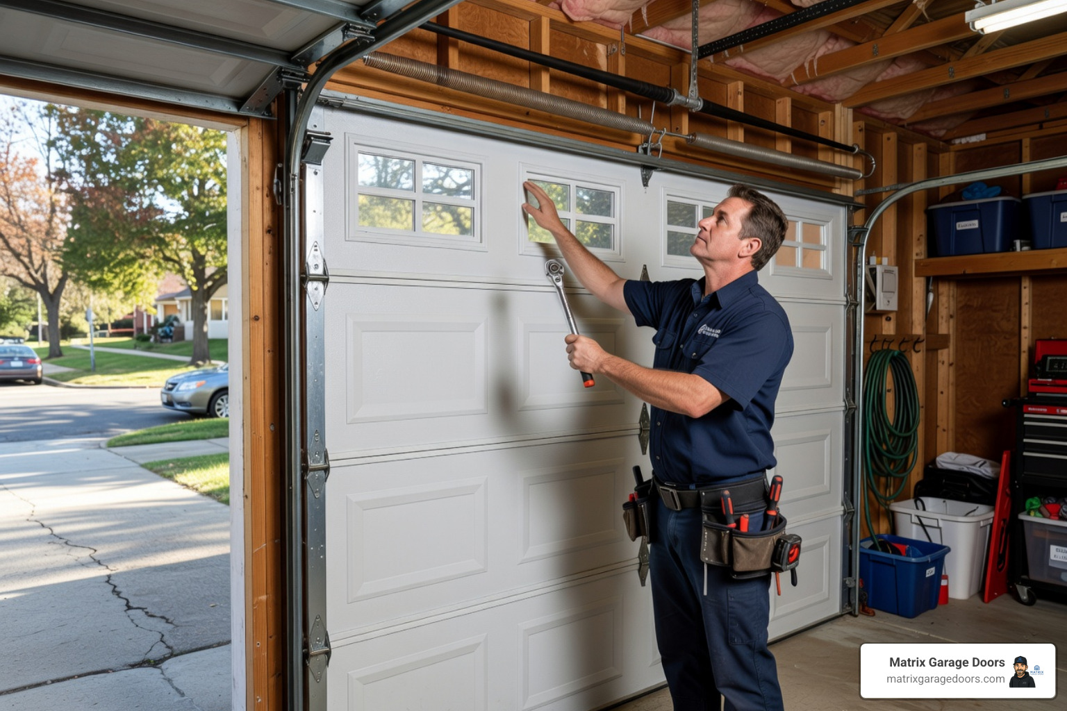 technician performing a 20-point garage door inspection - garage door maintenance tune up