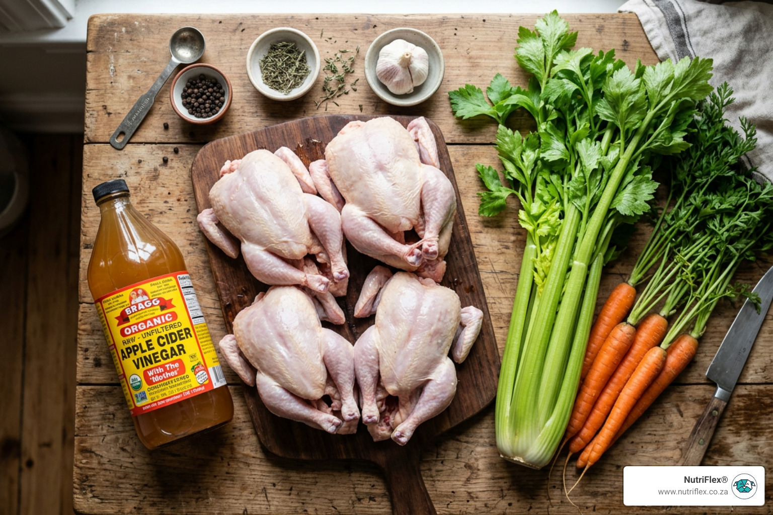 Raw Chicken Carcasses, Carrots, Celery And Apple Cider Vinegar - Chicken Bone Broth Recipe