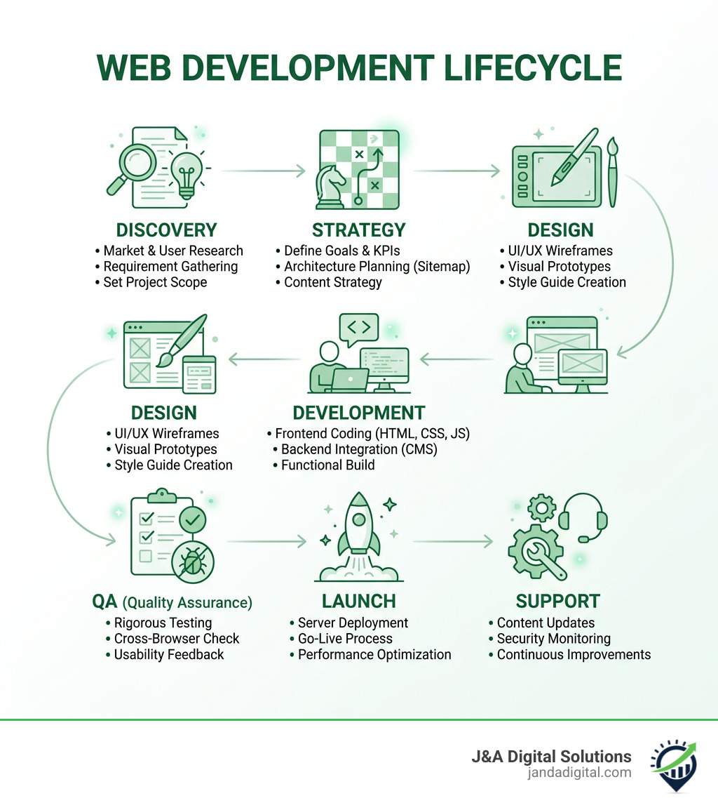 Web development lifecycle infographic: Discovery, Strategy, Design, Development, QA, Launch, Support - website development
