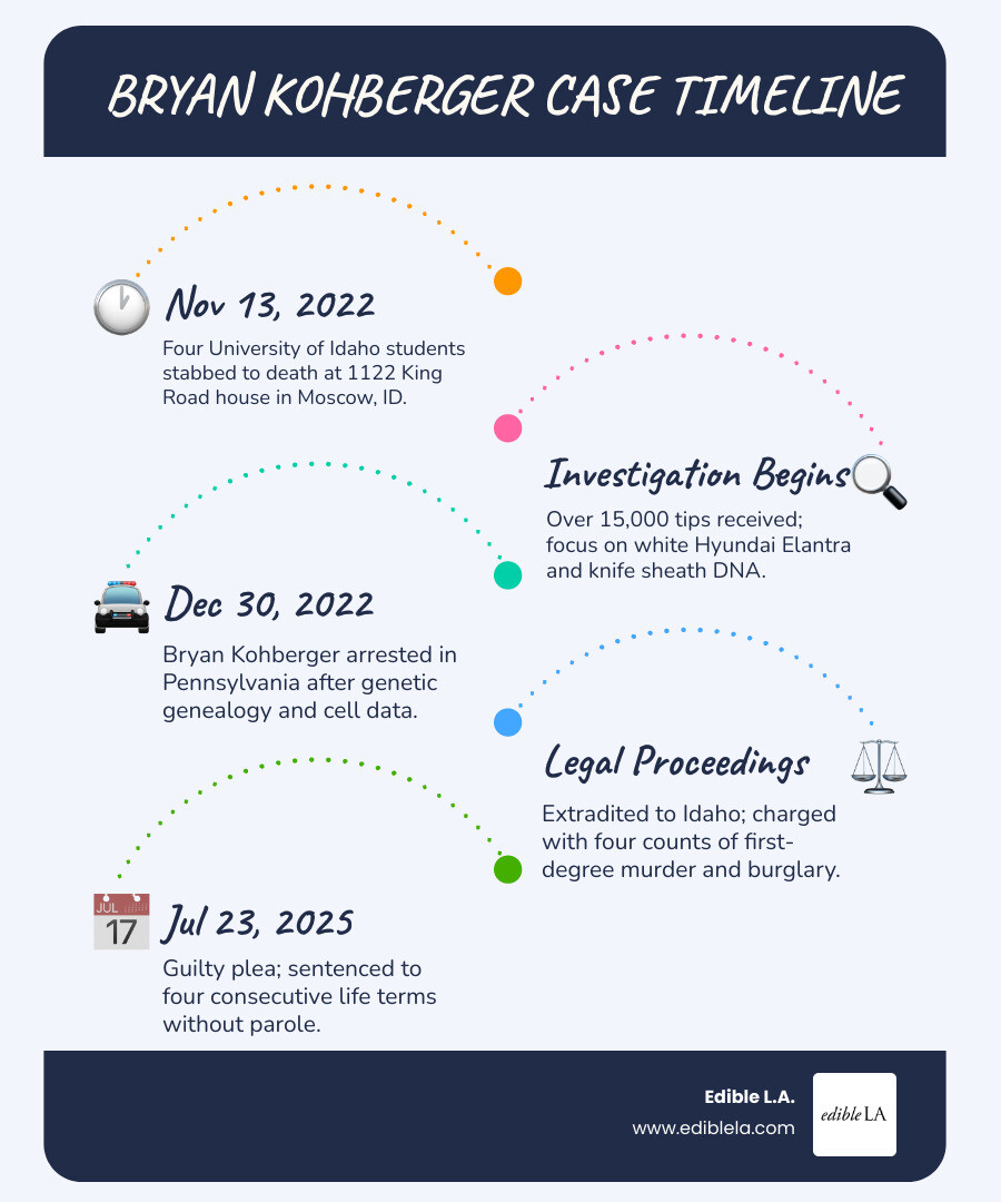 Bryan Kohberger case timeline from November 2022 murders to July 2025 sentencing - bryan kohberger infographic