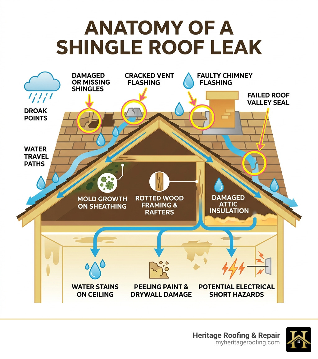 Anatomy of a shingle roof leak showing common entry points, water travel paths, and interior damage areas - shingle roof Anatomy of a shingle roof leak showing common entry points, water travel paths, and interior damage areas - shingle roof
