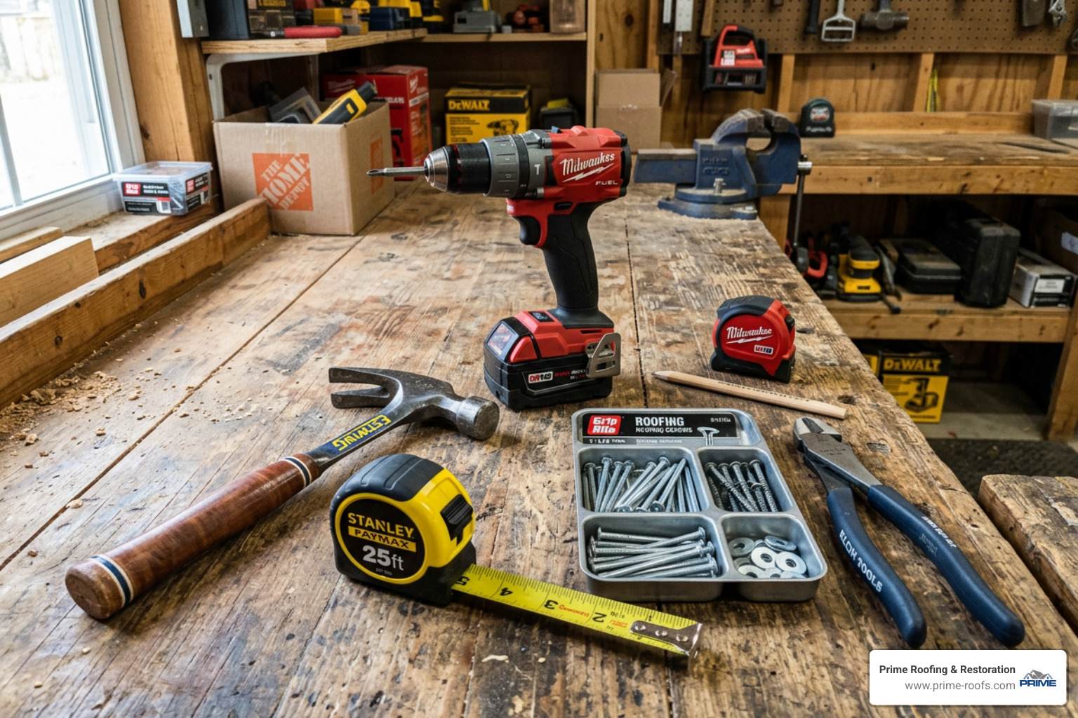 roofing tools like a hammer, drill, and tape measure laid out on a workspace - dry verge installation