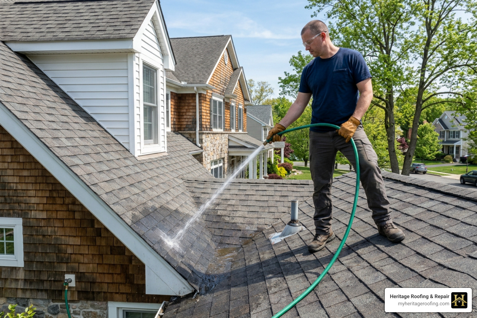 A person using a garden hose on a roof to find a leak source - shingle roof leak repair A person using a garden hose on a roof to find a leak source - shingle roof leak repair