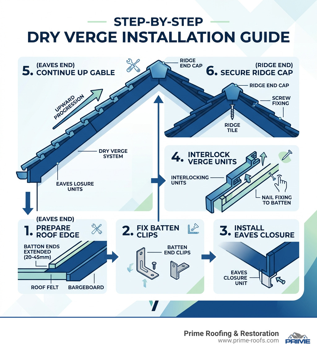 Infographic showing dry verge installation steps from eaves closure to ridge end cap with key components labeled - dry verge