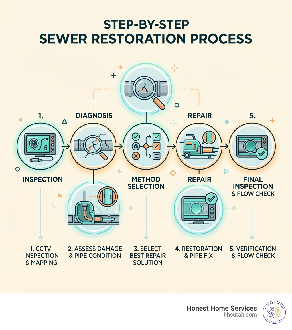 Step-by-step sewer restoration process infographic showing inspection, diagnosis, method selection, repair, and final Step-by-step sewer restoration process infographic showing inspection, diagnosis, method selection, repair, and final