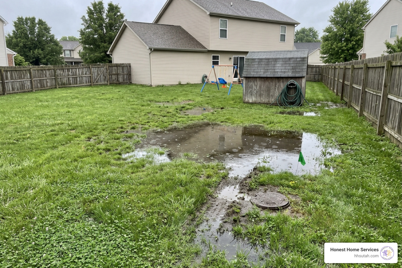 A soggy, over-saturated backyard with pooling water indicating a possible sewer leak - sewer line repair salt lake city A soggy, over-saturated backyard with pooling water indicating a possible sewer leak - sewer line repair salt lake city
