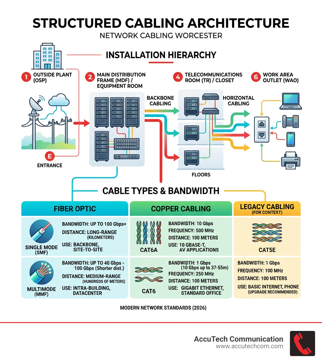 Structured cabling architecture infographic showing cable types, bandwidth, and installation hierarchy - network cabling