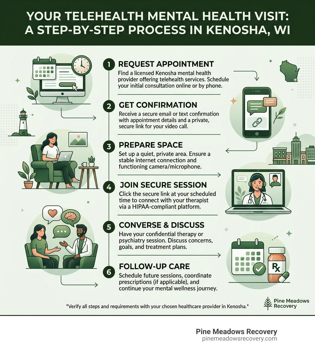 Step-by-step process of a telehealth mental health visit in Kenosha WI - Telehealth mental health services in Kenosha WI Step-by-step process of a telehealth mental health visit in Kenosha WI - Telehealth mental health services in Kenosha WI