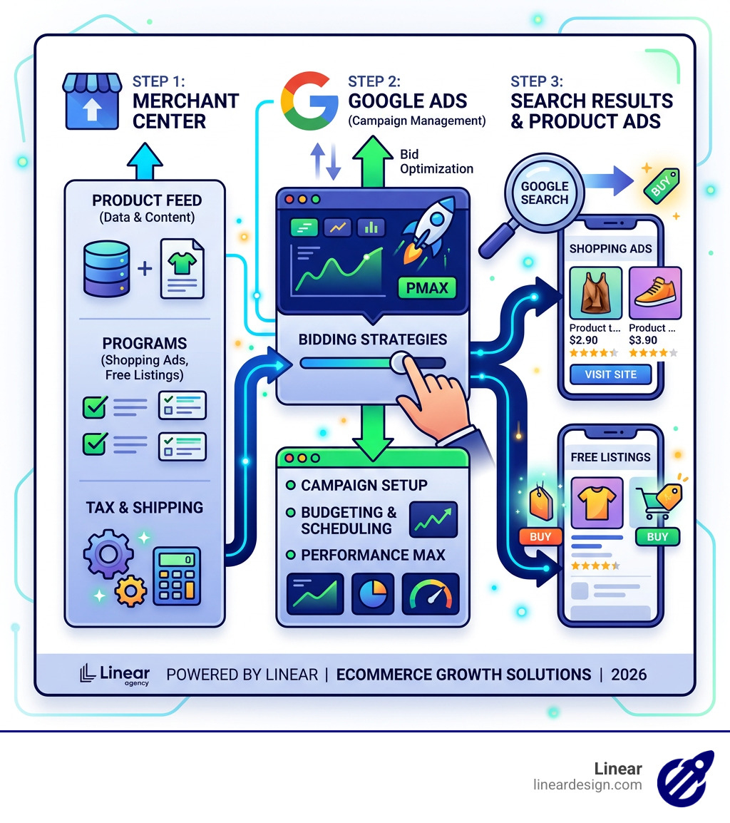 Google Shopping ecosystem from Merchant Center to Search Results infographic - google shopping management company