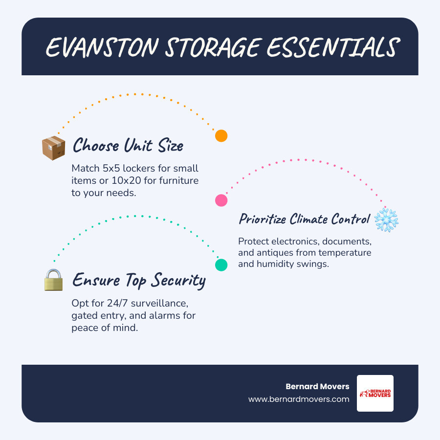 Infographic comparing Evanston storage types sizes security features and access hours - Storage Evanston infographic