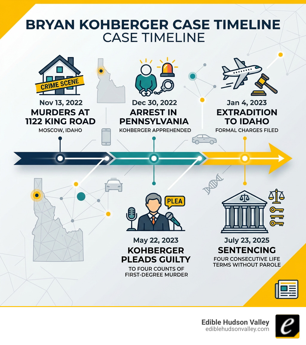 Bryan Kohberger case timeline from murders in November 2022 to sentencing in July 2025 - bryan kohberger infographic 