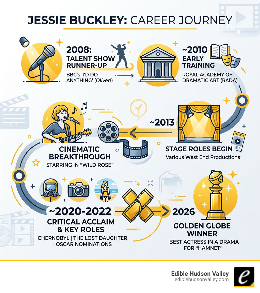 Jessie Buckley career timeline from 2008 talent show runner-up to 2026 Golden Globe winner - jessie buckley infographic Jessie Buckley career timeline from 2008 talent show runner-up to 2026 Golden Globe winner - jessie buckley infographic