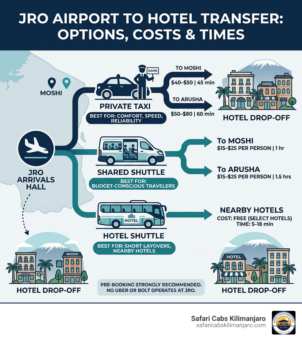 Infographic showing transport flow from JRO arrivals hall to hotel drop-off with costs and times - JRO airport to hotel