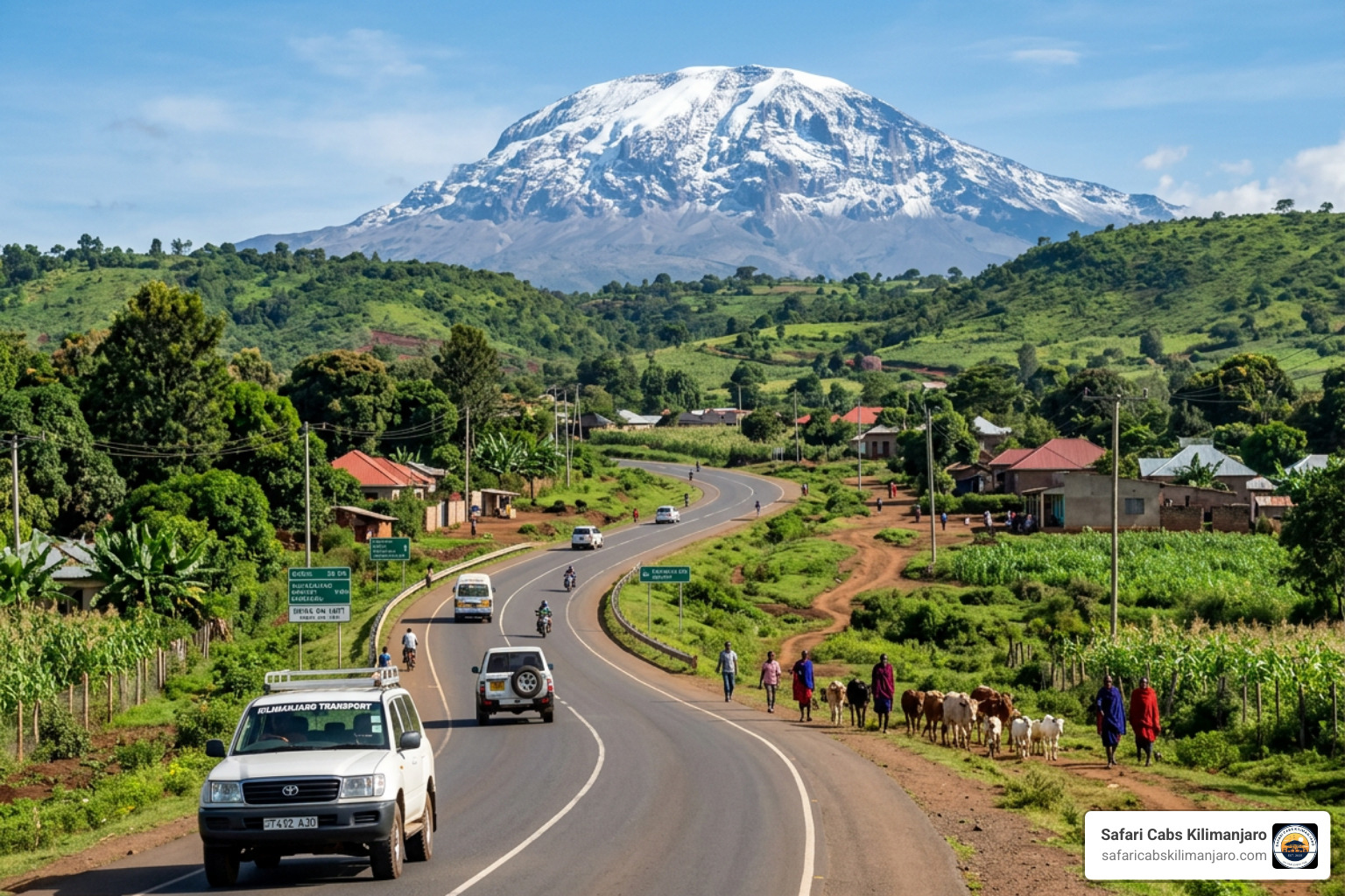 Scenic drive from JRO toward Moshi with Mount Kilimanjaro in the background - transfer kilimanjaro airport to moshi