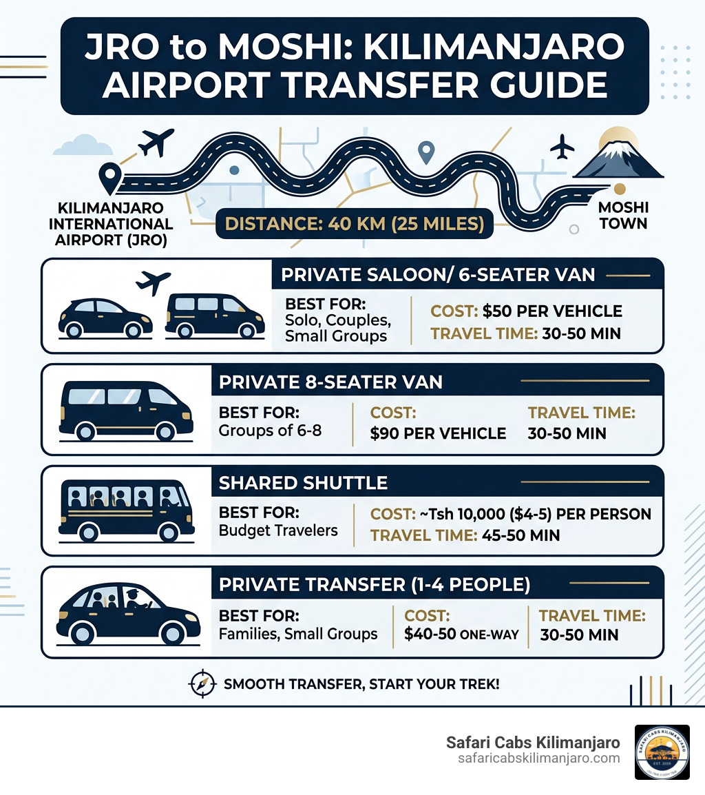 Infographic showing JRO to Moshi 40km route, transfer options, costs, and travel times - transfer kilimanjaro airport to