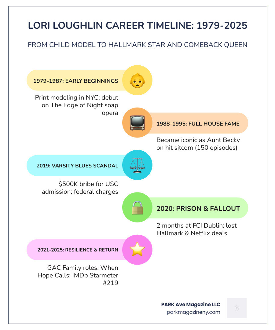 Lori Loughlin career timeline infographic from 1979 to 2025 showing key roles and scandal - lori loughlin infographic Lori Loughlin career timeline infographic from 1979 to 2025 showing key roles and scandal - lori loughlin infographic