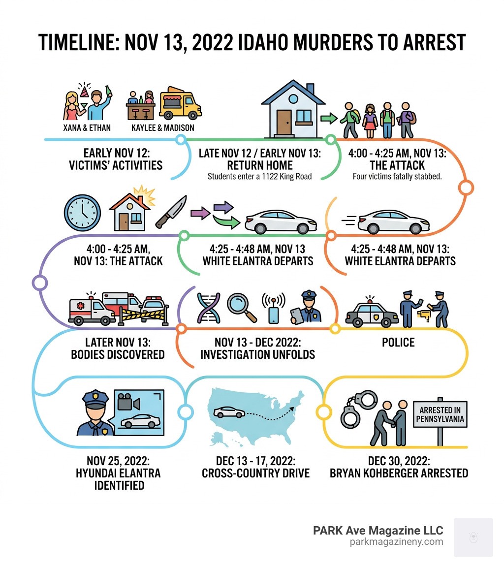Timeline infographic of November 13 2022 Idaho murders from night before to Kohberger's arrest - bryan kohberger infographic 