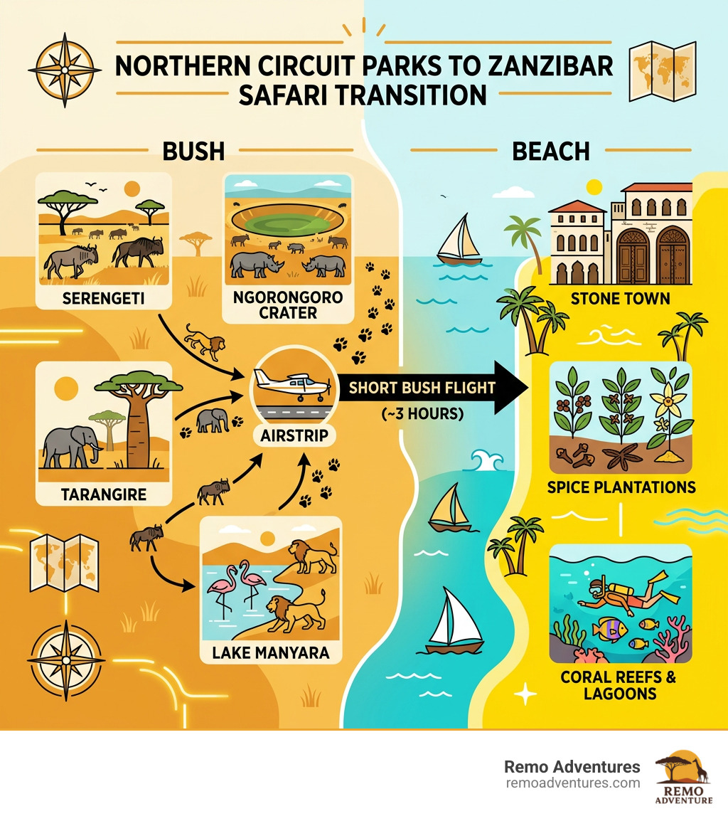 Northern Circuit parks to Zanzibar safari transition infographic - tanzania zanzibar safari infographic 