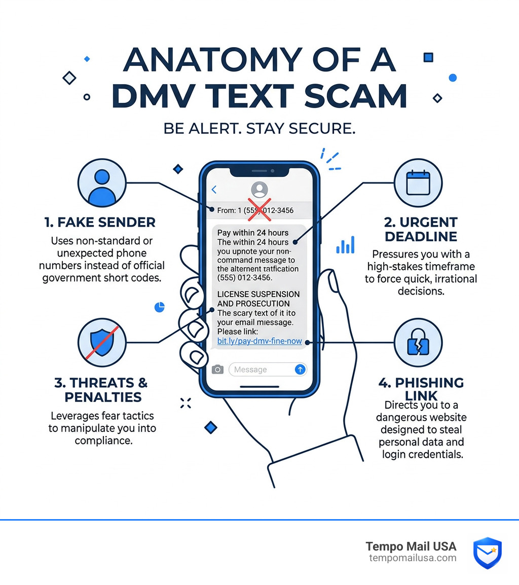 Infographic showing anatomy of a DMV text scam: fake sender, urgent deadline, threats, phishing link - DMV Text Scam 2026 Infographic showing anatomy of a DMV text scam: fake sender, urgent deadline, threats, phishing link - DMV Text Scam 2026