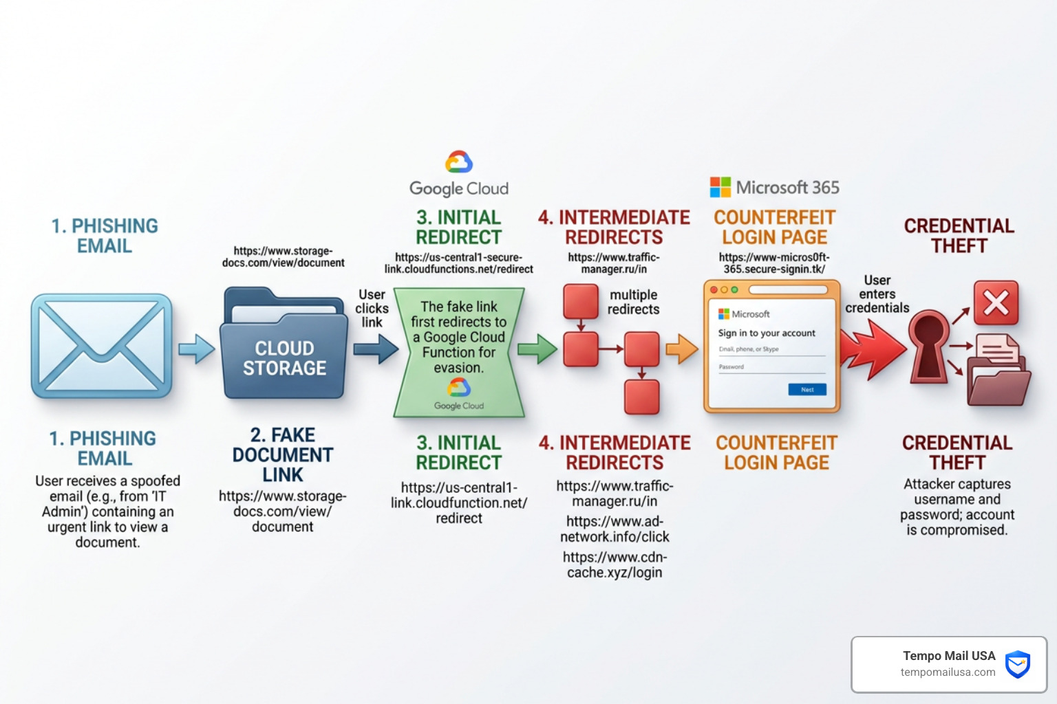 Visual representation of a malicious redirect chain from an email link to a phishing site - Cloud Storage Email Scam Visual representation of a malicious redirect chain from an email link to a phishing site - Cloud Storage Email Scam