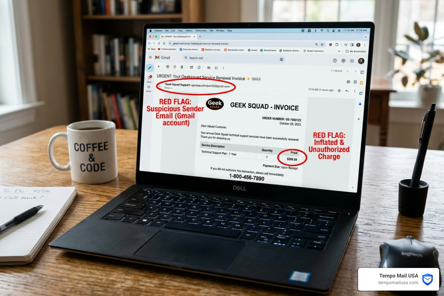 Fake invoice details showing suspicious sender and inflated prices - McAfee Renewal Scam / Geek Squad Scam Fake invoice details showing suspicious sender and inflated prices - McAfee Renewal Scam / Geek Squad Scam