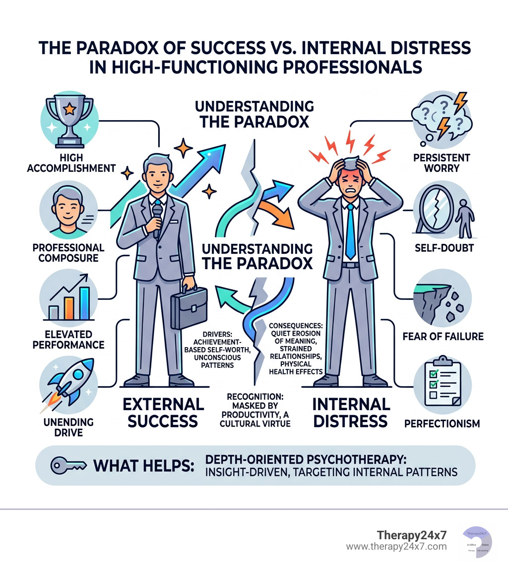 Infographic showing the paradox of external success versus internal distress in high-functioning professionals Infographic showing the paradox of external success versus internal distress in high-functioning professionals