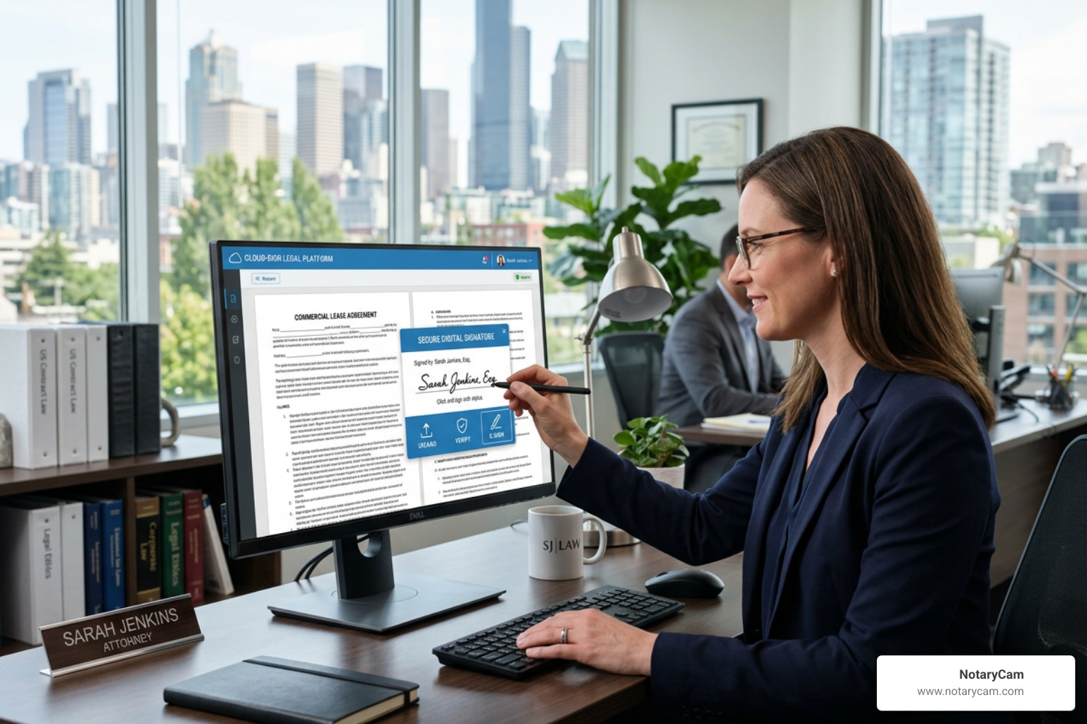 A secure digital signature being applied to a legal contract through a cloud-based platform - notary software legal industry A secure digital signature being applied to a legal contract through a cloud-based platform - notary software legal industry