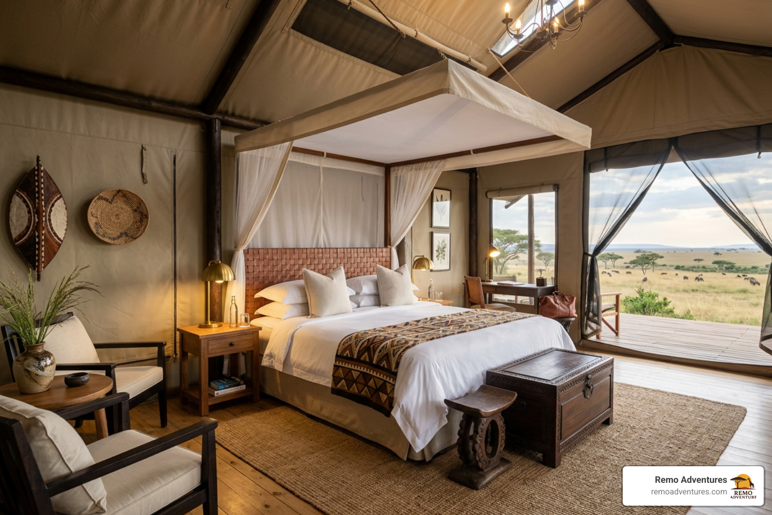 The interior of a luxury tented camp in the Serengeti featuring a king-sized bed and canvas walls - tanzania all inclusive
