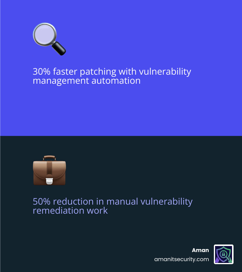 Infographic showing ROI of automated vulnerability management: 30% faster patching, 50% less manual work - how security Infographic showing ROI of automated vulnerability management: 30% faster patching, 50% less manual work - how security