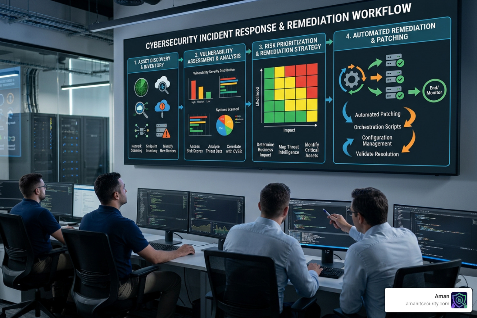 Automated security workflow showing discovery, assessment, prioritization, and remediation - how security teams leverage Automated security workflow showing discovery, assessment, prioritization, and remediation - how security teams leverage
