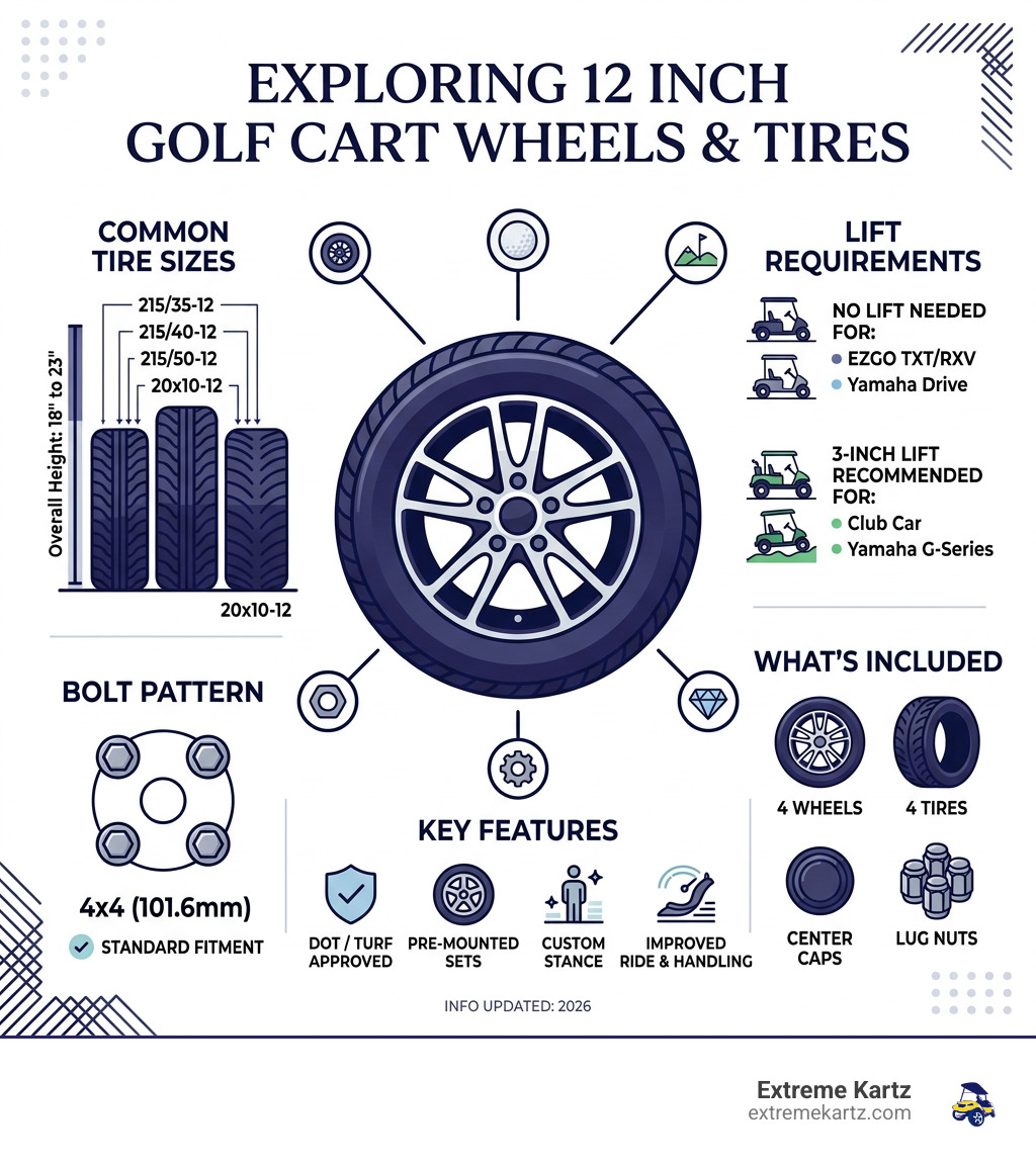 Infographic showing 12 inch golf cart wheel and tire sizes, bolt patterns, lift requirements, and compatible brands - golf