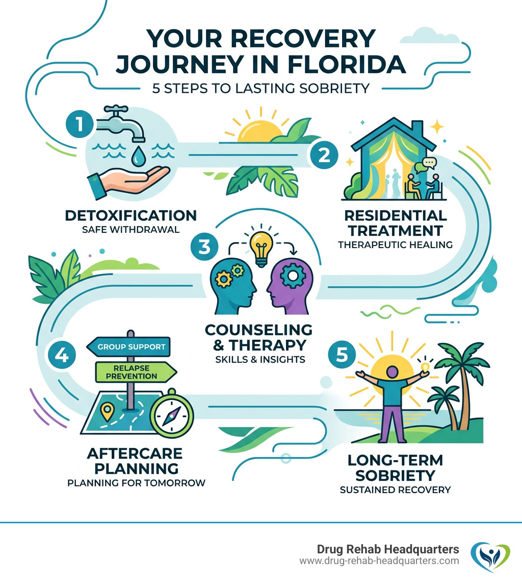 Steps from detox to long-term sobriety in Florida drug rehab - drug rehab centers in Florida infographic roadmap-5-steps Steps from detox to long-term sobriety in Florida drug rehab - drug rehab centers in Florida infographic roadmap-5-steps