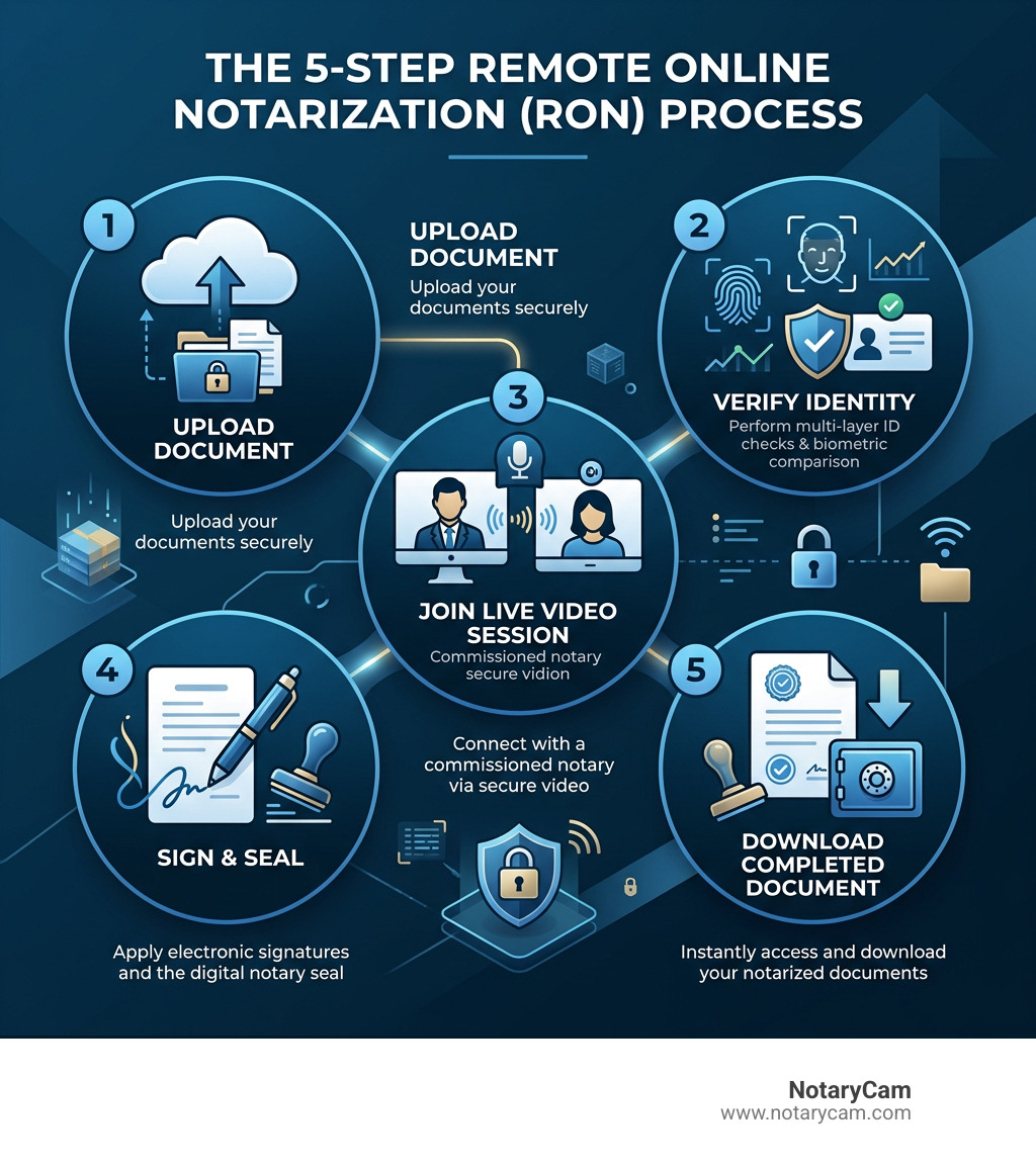 5-step RON process infographic: upload document, verify identity, join live video session, sign and seal, download completed 5-step RON process infographic: upload document, verify identity, join live video session, sign and seal, download completed