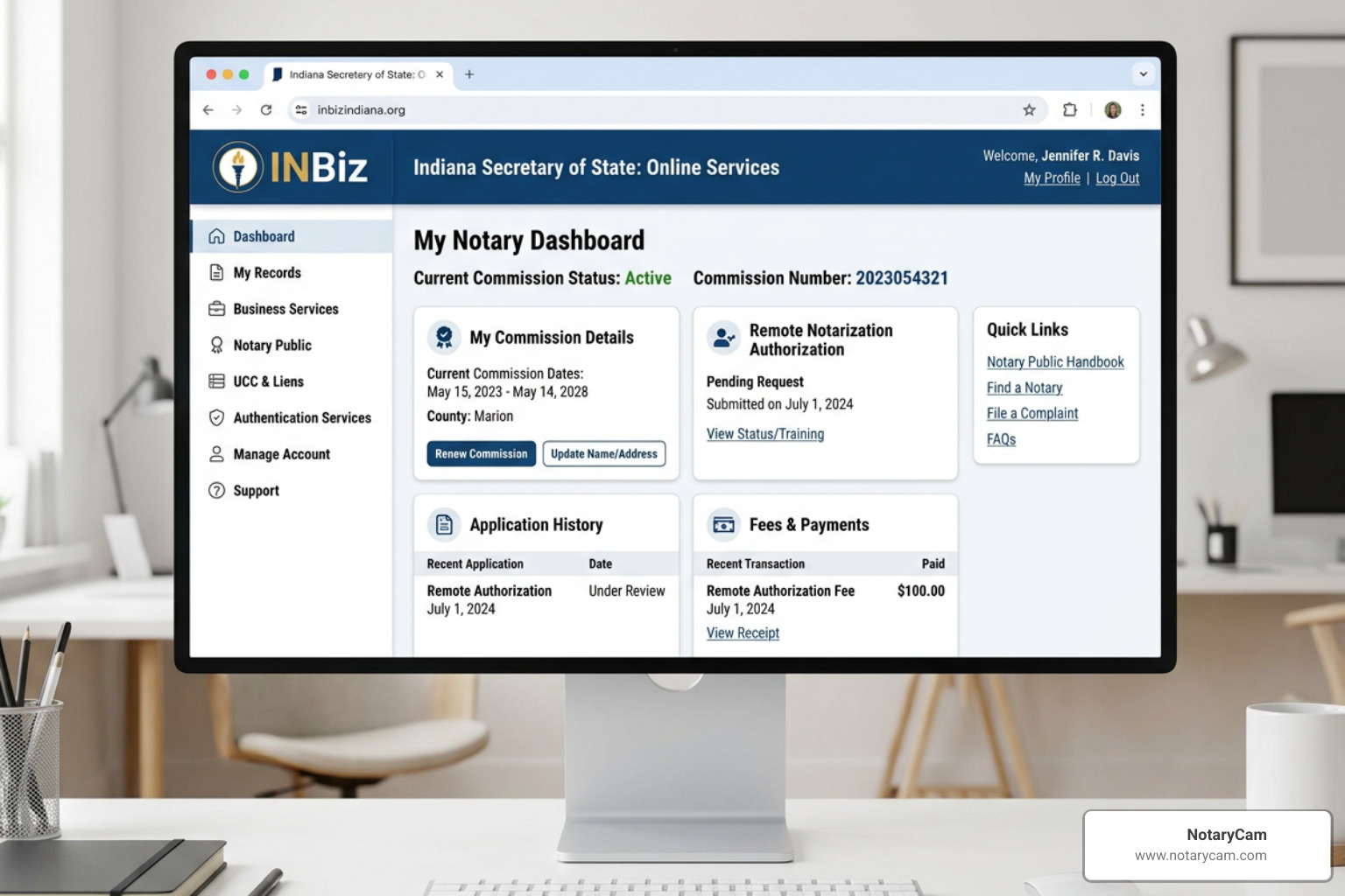 The INBiz dashboard where notaries manage their commissions and remote authorizations - Indiana remote notary platform The INBiz dashboard where notaries manage their commissions and remote authorizations - Indiana remote notary platform