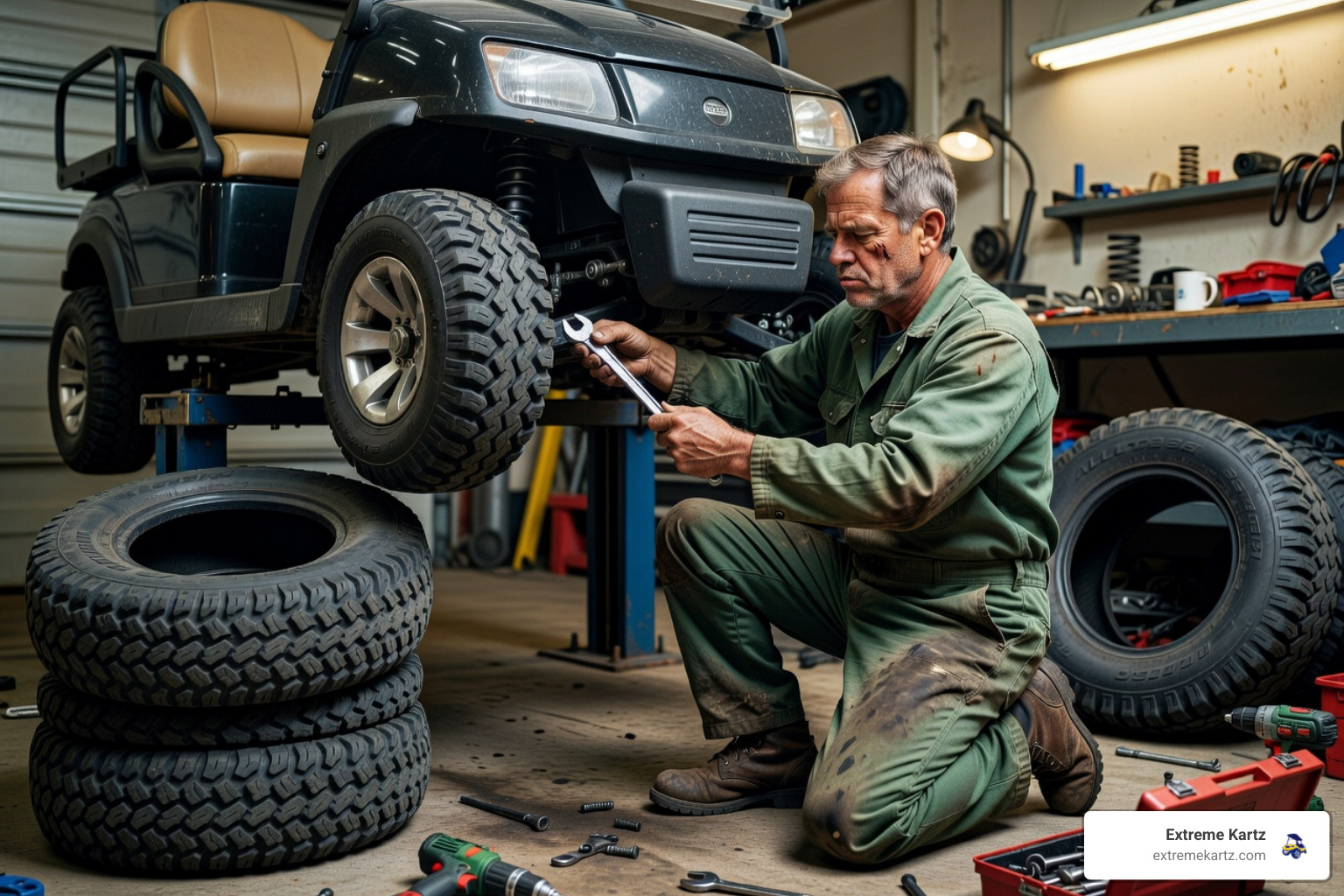 Mechanic installing a lift kit on a golf cart in a well-lit shop - golf cart tires 22x11x10