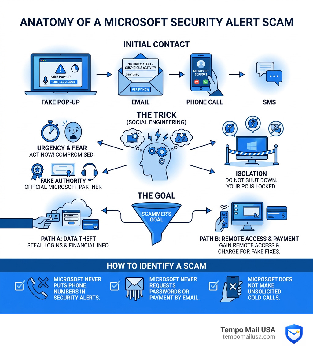 Anatomy of a Microsoft Security Alert tech support scam infographic - Microsoft Security Alert Scam infographic Anatomy of a Microsoft Security Alert tech support scam infographic - Microsoft Security Alert Scam infographic