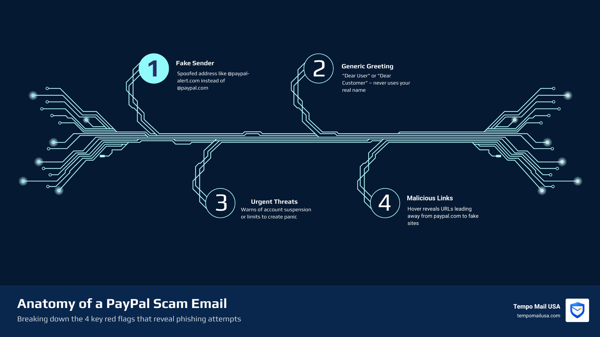 Anatomy of a PayPal phishing email infographic showing fake sender, urgent language, spoofed link, and generic greeting