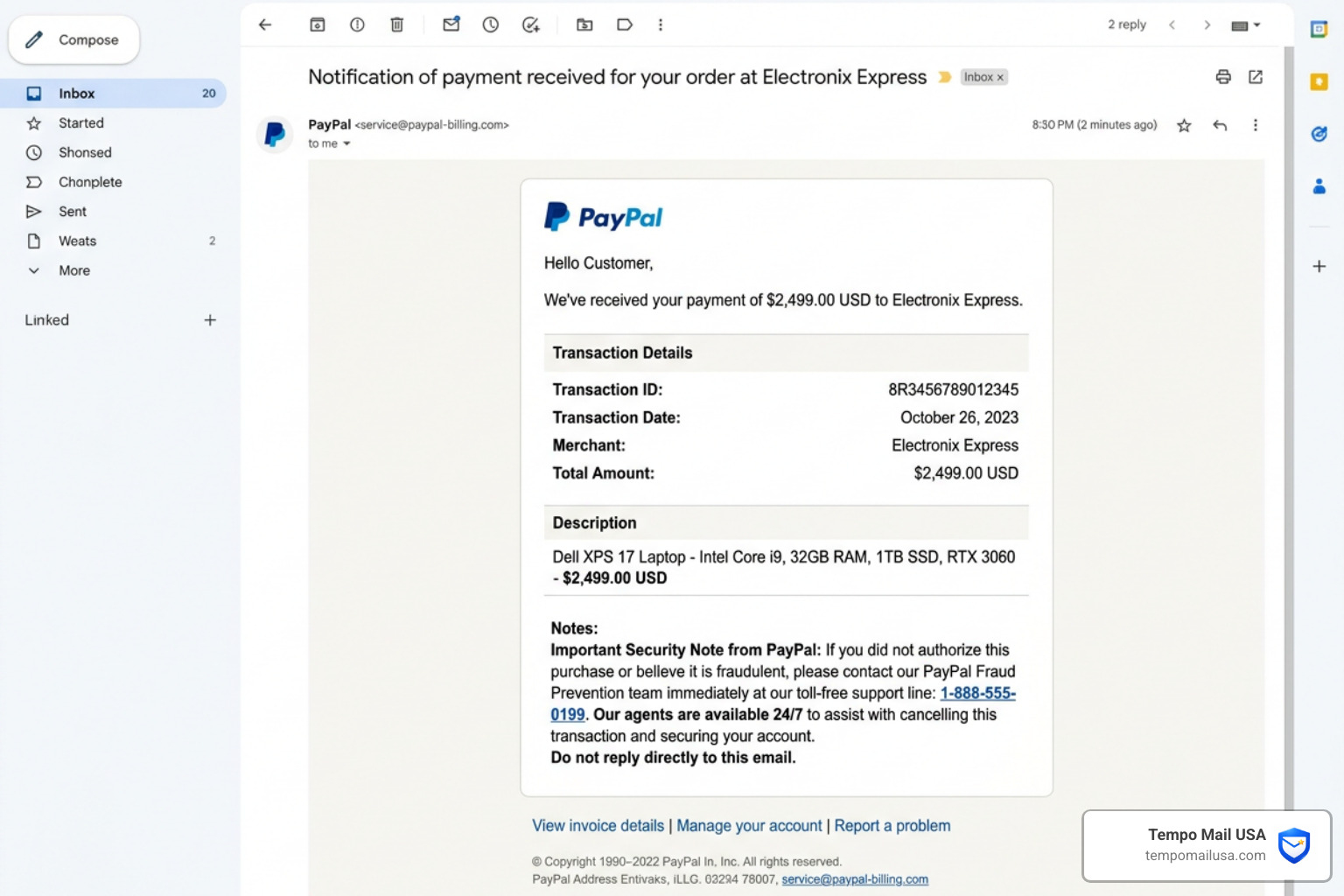 Fake PayPal invoice example showing fraudulent charges and a fake support number - PayPal Scam Email