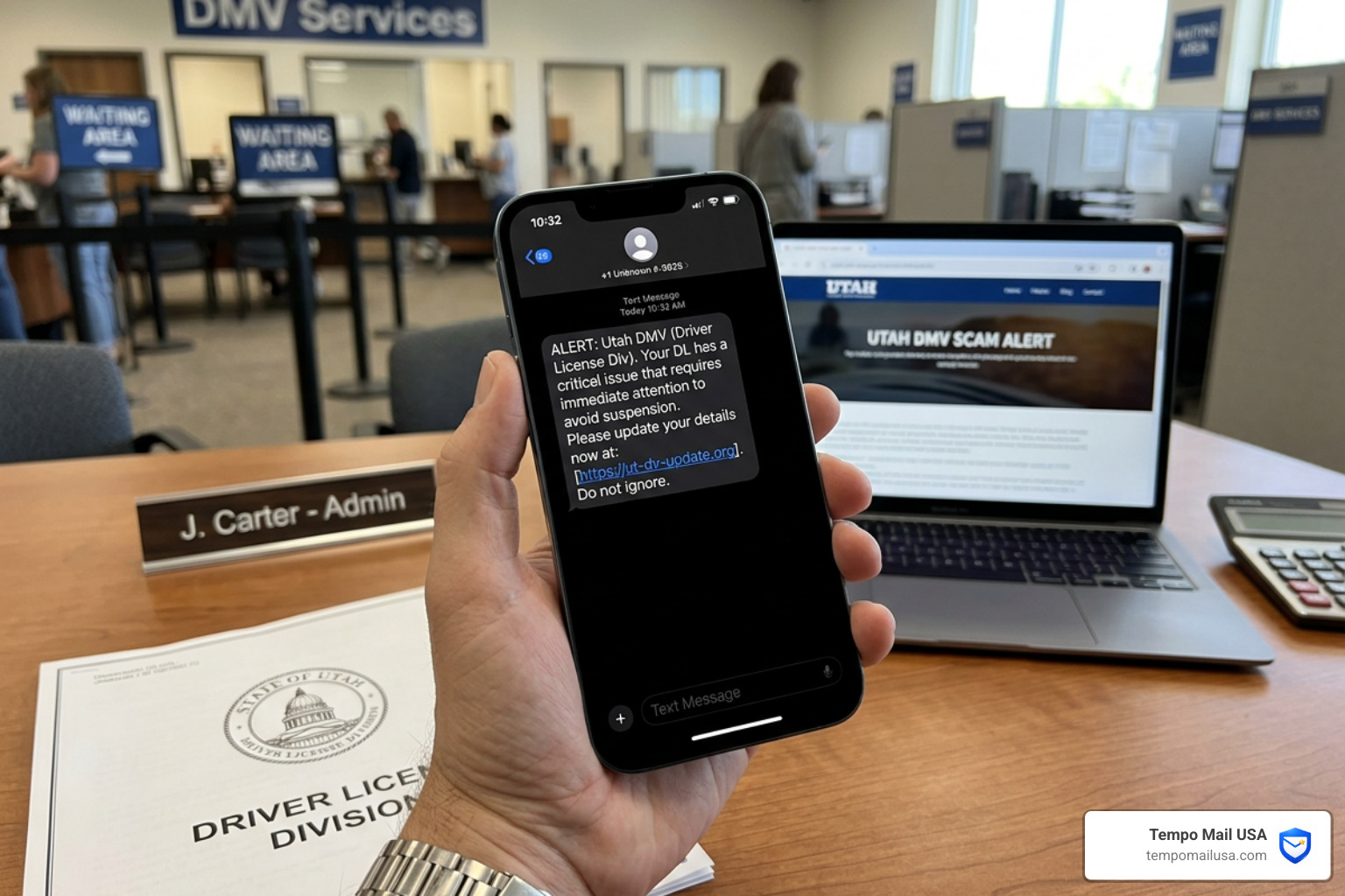 Comparison of a fake DMV URL versus the real official Utah DMV website address - Utah DMV scam text / Utah DMV scam / Comparison of a fake DMV URL versus the real official Utah DMV website address - Utah DMV scam text / Utah DMV scam /