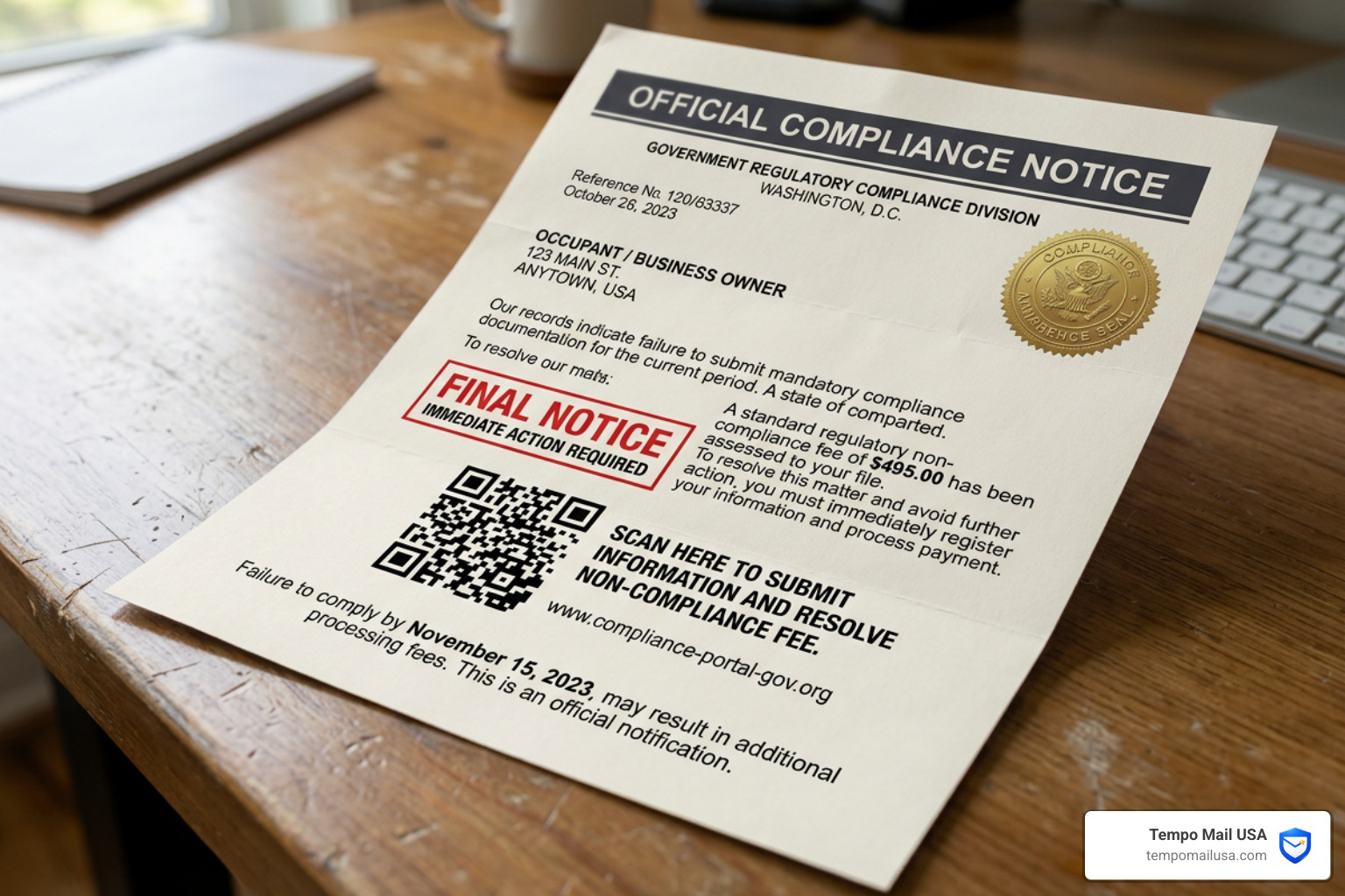 A fraudulent compliance letter featuring a scam QR code and fake government seal - Department of Legal Compliance Scam A fraudulent compliance letter featuring a scam QR code and fake government seal - Department of Legal Compliance Scam