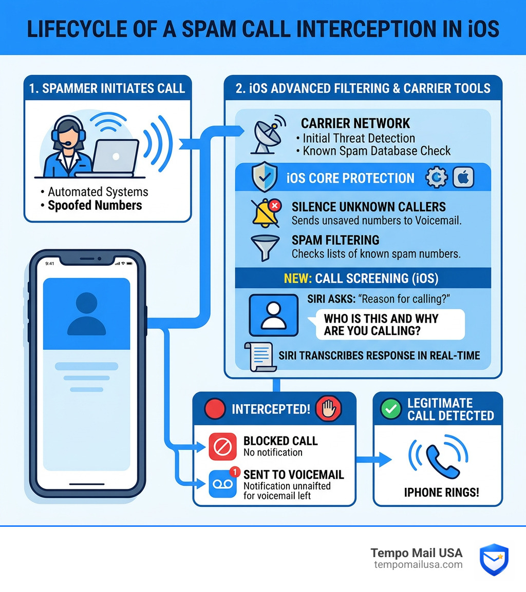 Lifecycle of a spam call showing how iOS filters intercept it before it rings - How to Stop Spam Calls on iPhone 2026 Lifecycle of a spam call showing how iOS filters intercept it before it rings - How to Stop Spam Calls on iPhone 2026