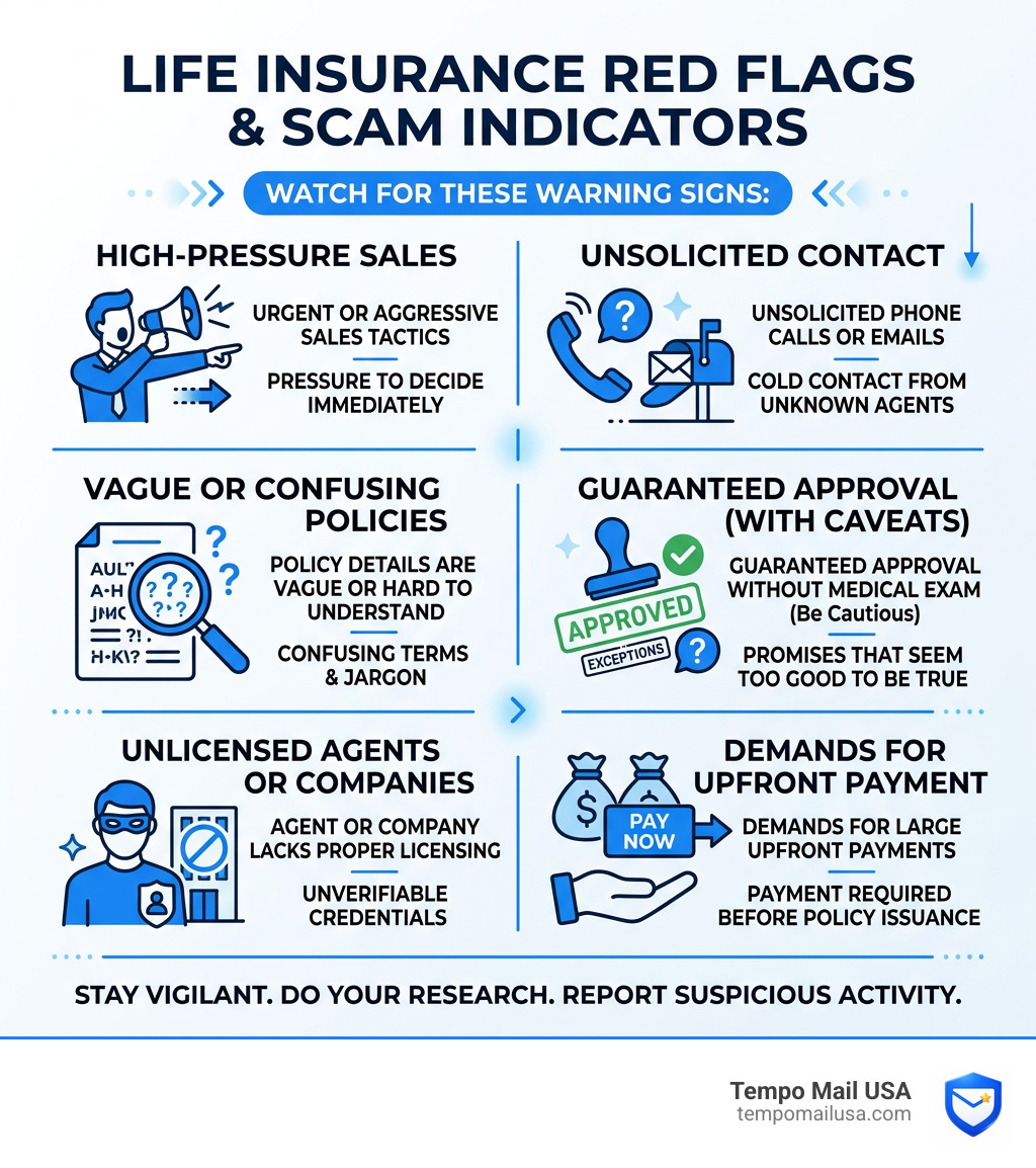 Life insurance red flags and scam indicators infographic showing key warning signs - Is Globe Life Insurance a Scam? Life insurance red flags and scam indicators infographic showing key warning signs - Is Globe Life Insurance a Scam?