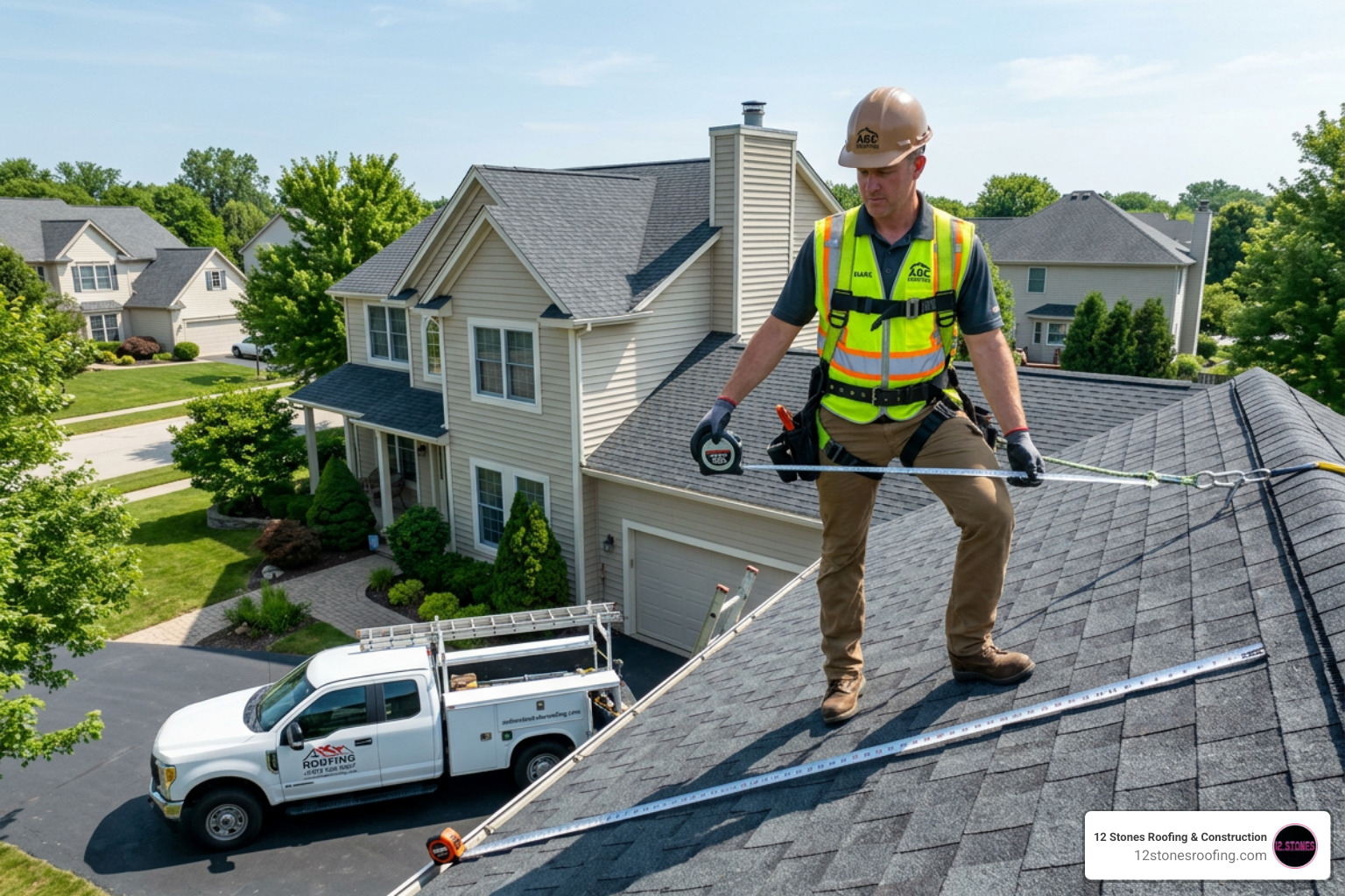 roofing contractor measuring a roof for an estimate - cost of asphalt shingle roof replacement