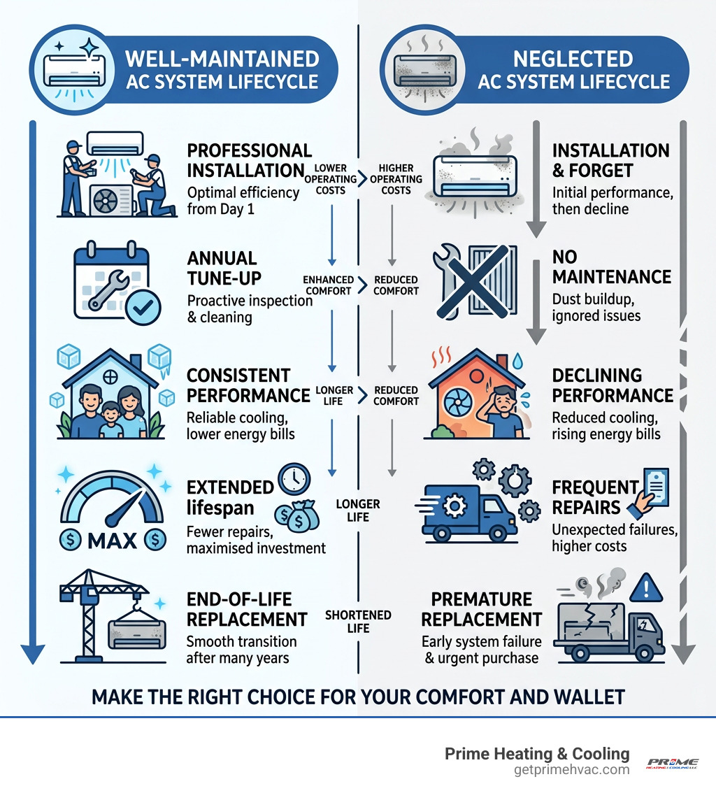 Infographic showing the lifecycle of a well-maintained AC system vs. neglected system - air conditioning tune up service