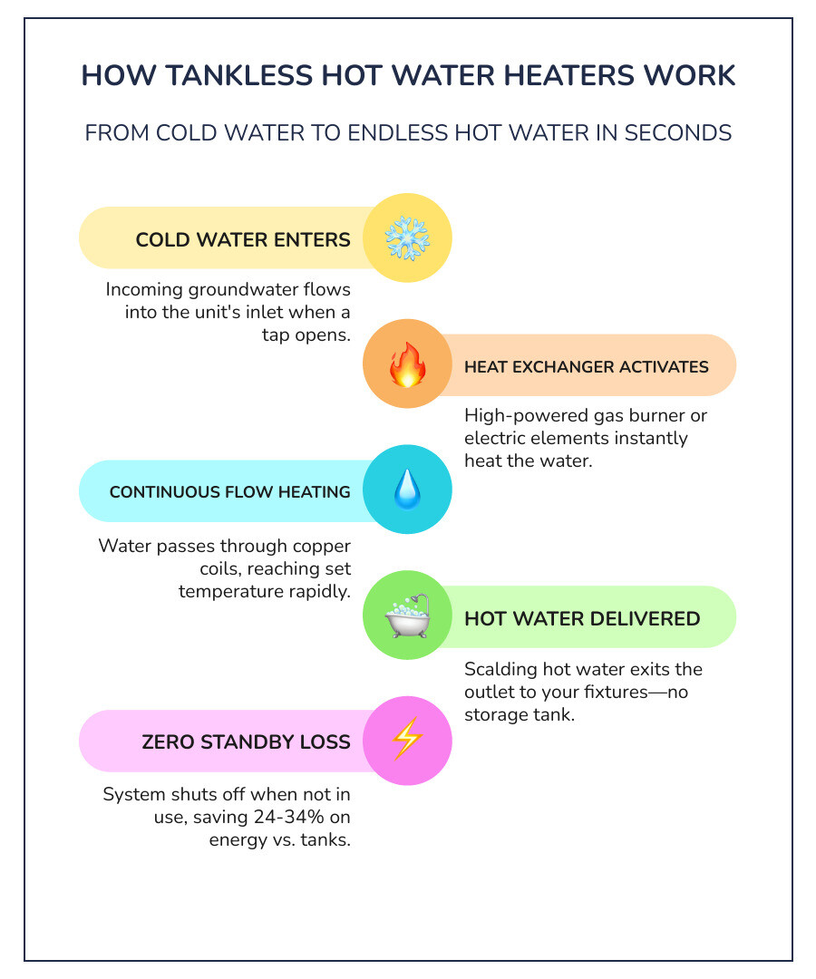 Infographic showing tankless water heater flow-through process, key plumbing connections, efficiency gains, and lifespan