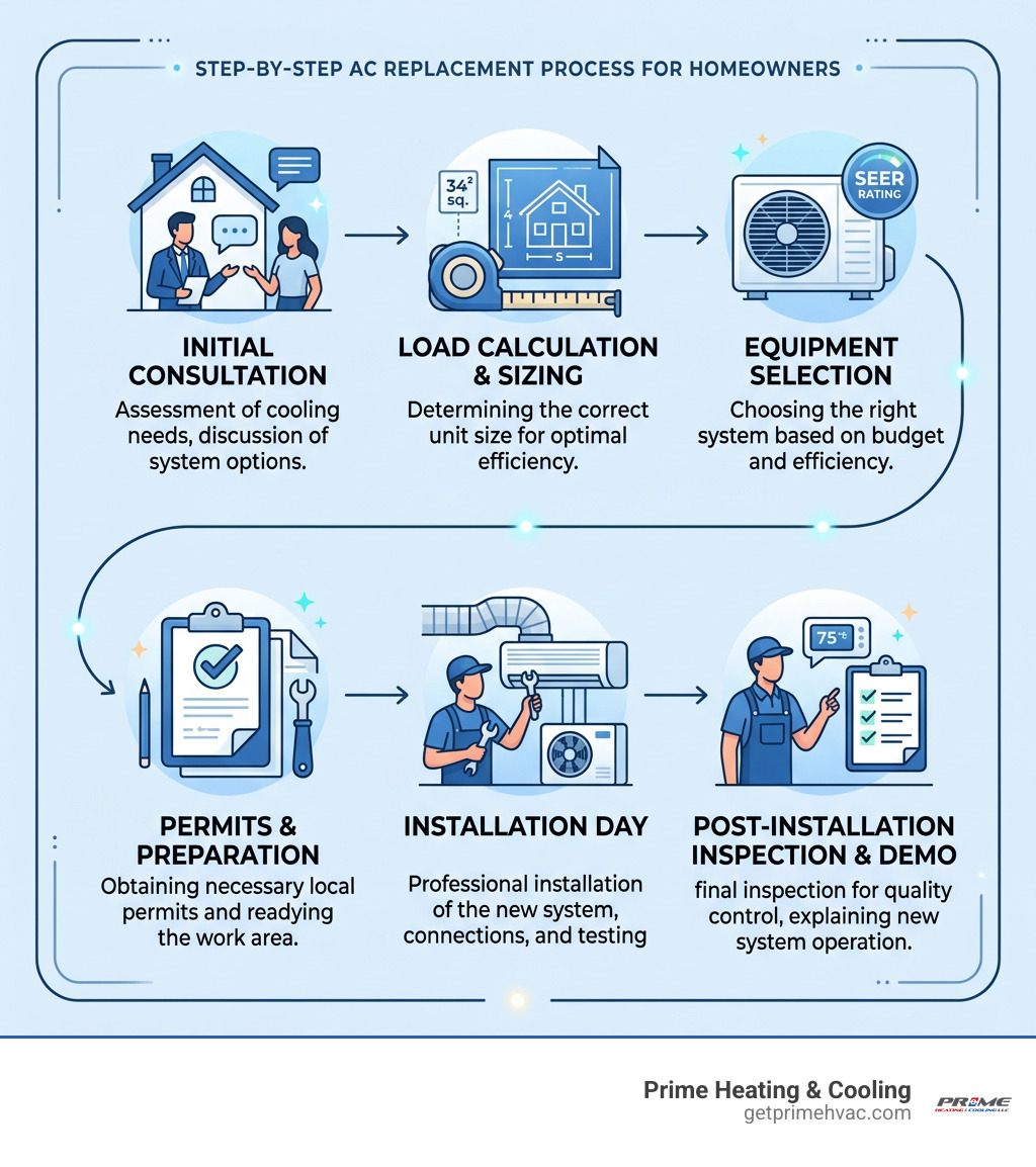 Step-by-step AC replacement process infographic for homeowners - ac installation company infographic 