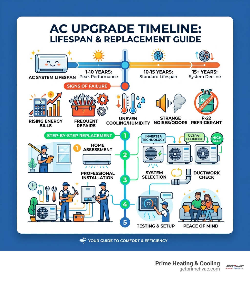 AC upgrade timeline showing system lifespan, signs of failure, and steps to replacement - AC system upgrade infographic 