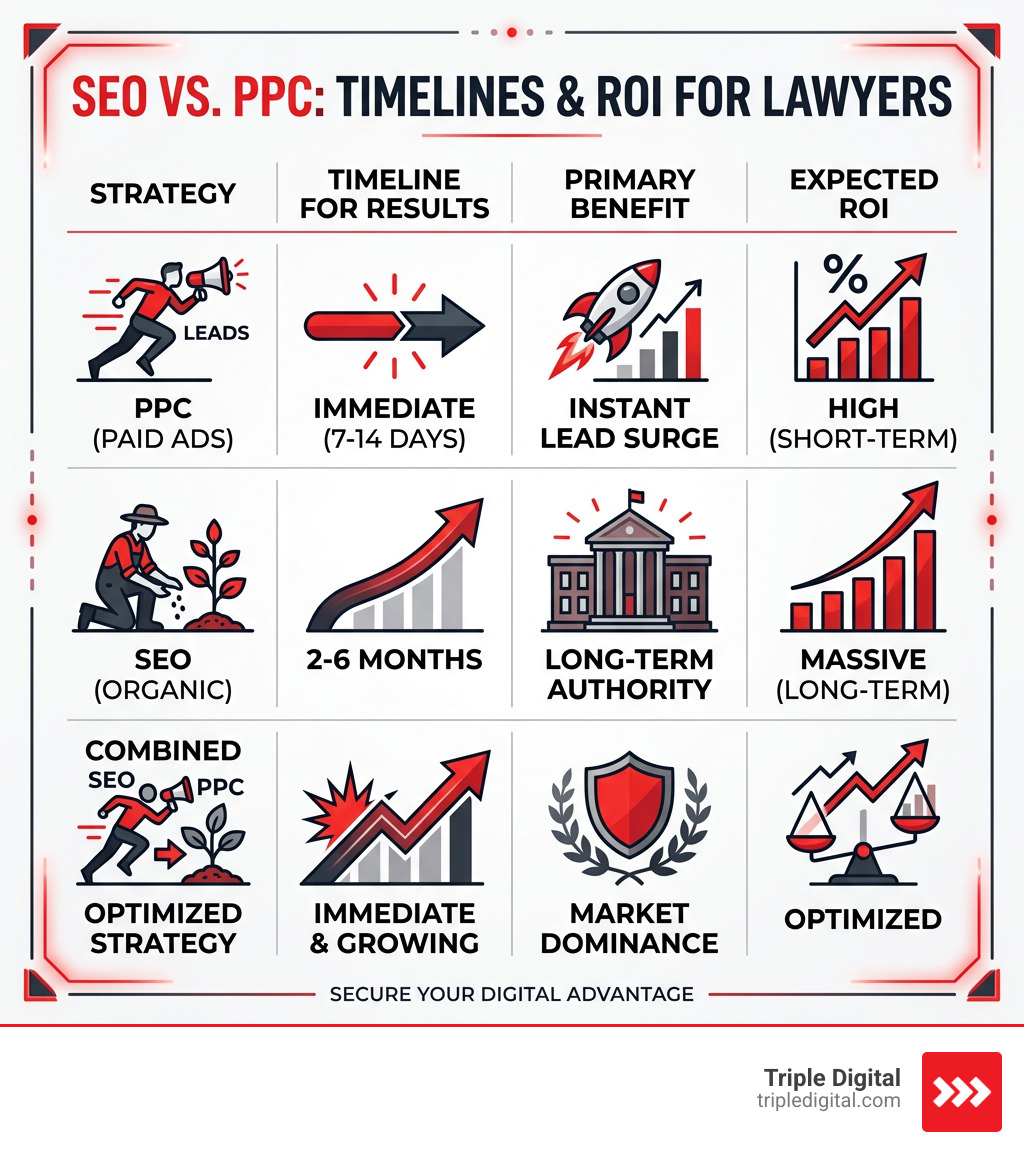 Table comparing SEO vs PPC timelines and ROI - Lawyer marketing solutions infographic Table comparing SEO vs PPC timelines and ROI - Lawyer marketing solutions infographic