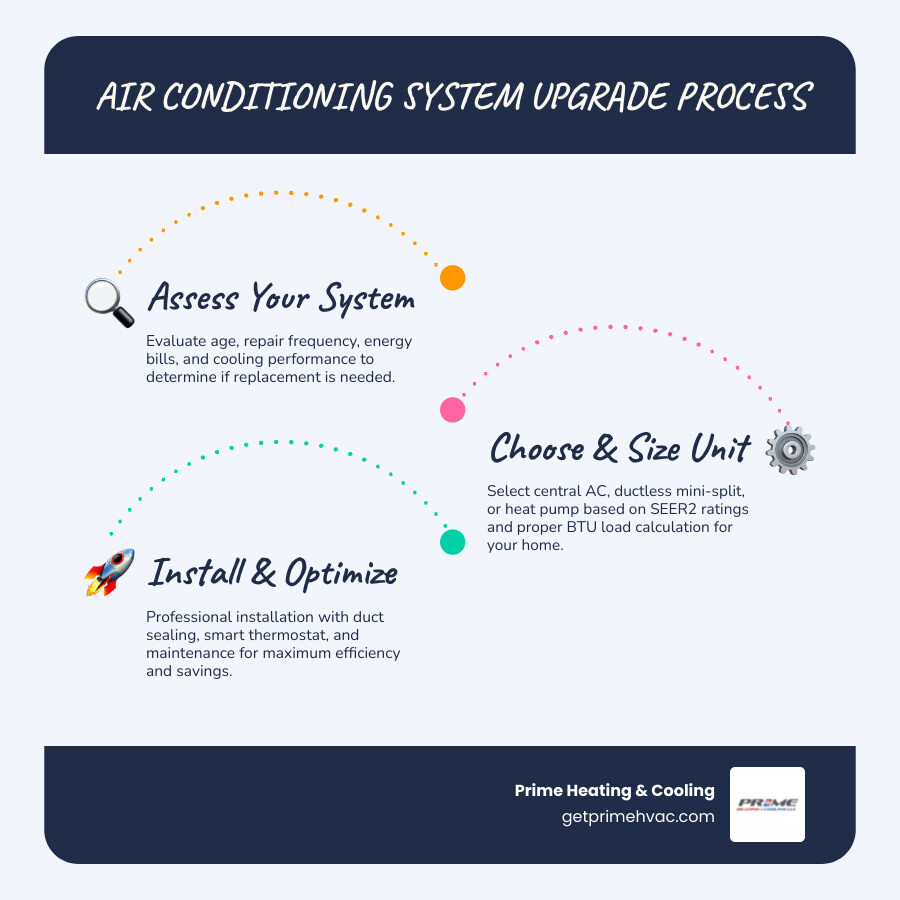 Infographic showing steps and benefits of an air conditioning system upgrade process - Air conditioning system upgrade