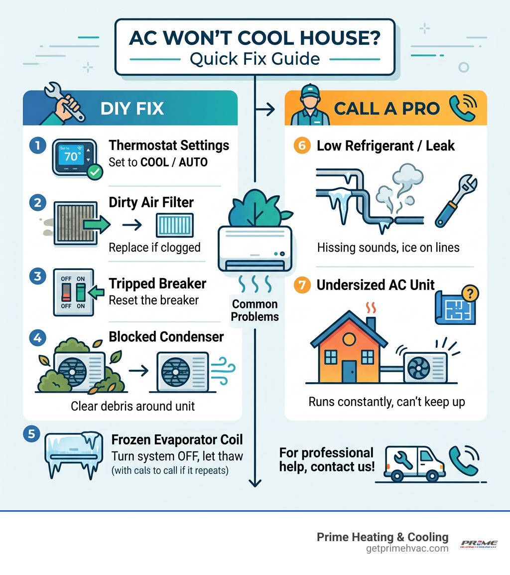 Common reasons AC won't cool house and whether each fix is DIY or requires a pro - AC won't cool house infographic 